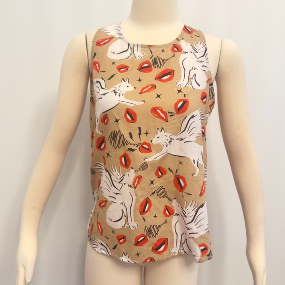 LAS SURENAS Wolf Kisses Amore Lip Print Linen Sleeveless Top Camisole Blouse NEW - Picture 9 of 15